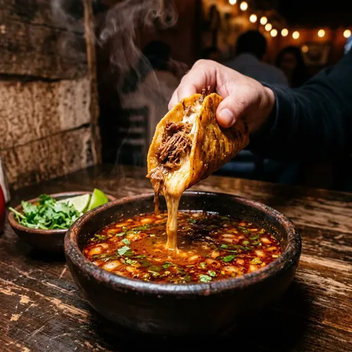 Crispy quesabirria tacos with melted mozzarella and consommé