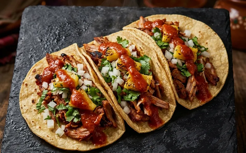 Three al pastor tacos with charred pineapple and fresh cilantro